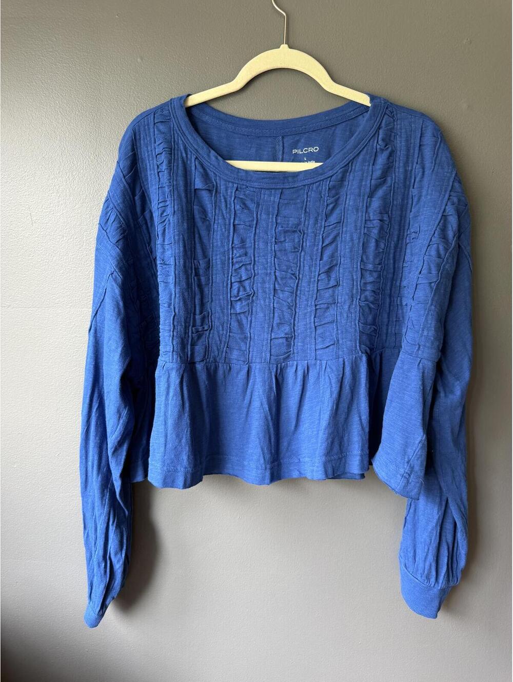 Pilcro Blue Long Sleeve Textured Peplum Top Size L